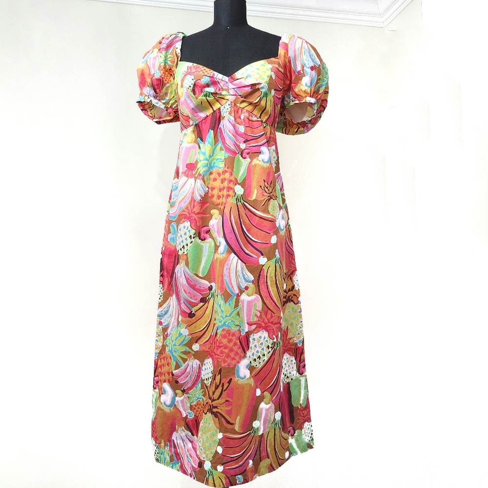Farm Rio Fruit Salad Pastel Maxamilist Puff Sleeve Fruit Hearts Print Maxi Dress - Picture 3 of 14
